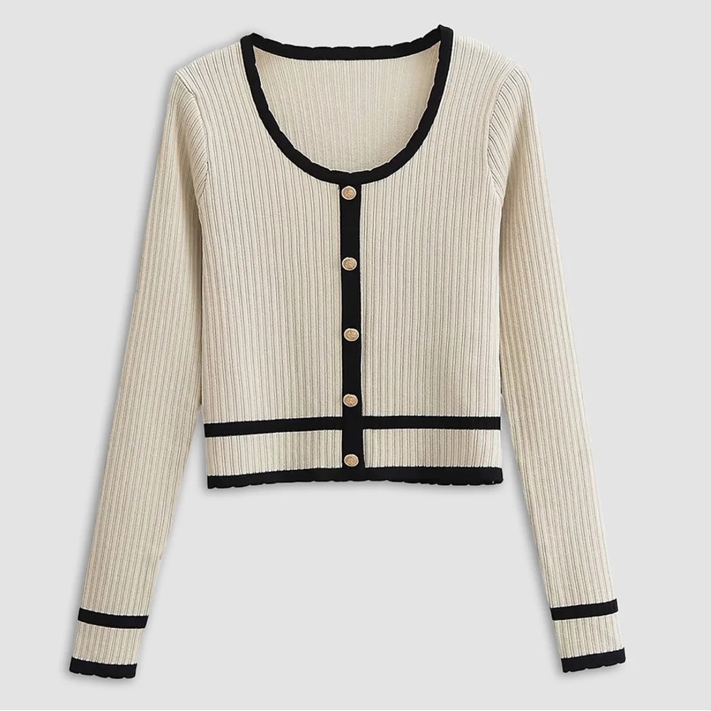 Commence Cream Ribbed Cardigan with Black Trim XS